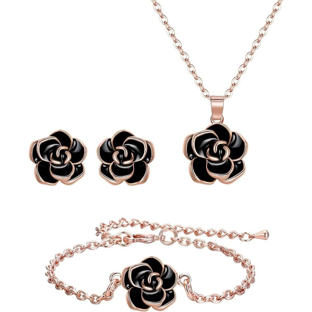 〽️Women Black Rose Flower Necklace Earrings Bracelet Set Gold Plated Jewelry Set